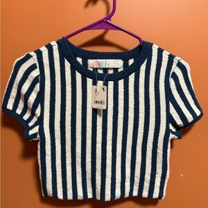 Free People Blue and White Striped Short Sleeve Tee